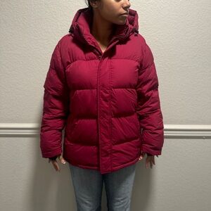 Aritzia Red Puffer Jacket with Hood and Quilted Design